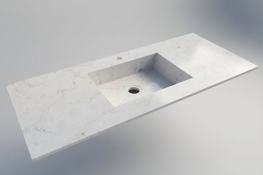 Gray stone countertop with integrated sink on a white background