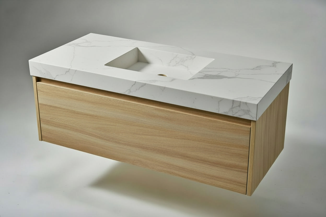 Bathroom vanity with Stone countertop and wooden cabinet on a neutral background