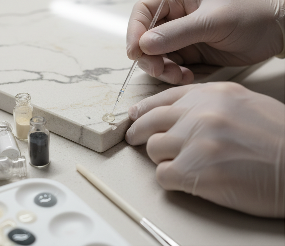 Repairing a  small chip on the edge of a stone quartz worktop. repairing with epoxy glue and pigments